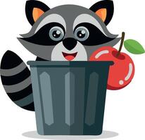 Cute cartoon raccoon with a red apple in a trash can, isolated on white background vector