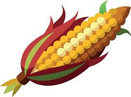 Illustration of ripe ear of corn with colorful husks and golden kernels vector