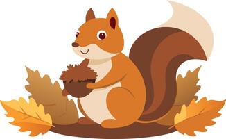 Cute squirrel holding an acorn surrounded by autumn leaves vector
