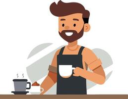 Smiling barista holding a cup of coffee behind the counter in a cafe vector