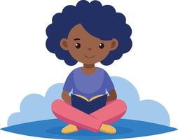 Cute illustration of a young girl sitting cross-legged on a blue mat, reading a book while smiling. vector