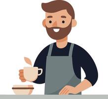 Smiling barista with beard holding a coffee cup and wearing an apron in a cafe vector