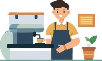 Barista using coffee machine in a cafe with cups and pastries vector
