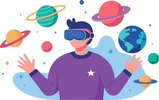 Virtual reality concept with man exploring outer space in VR headset vector