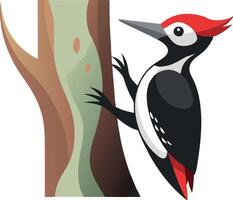 Vibrant cartoon illustration of a woodpecker perched on a tree trunk, capturing nature in a minimalist and colorful style vector
