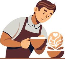 Illustration of a barista creating latte art with a heart design in a coffee shop. Perfect for coffee shop visuals and barista training materials. vector
