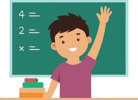 Smiling student in classroom raising hand in front of chalkboard with math equations vector