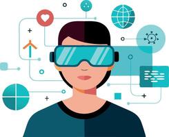 Illustration of person using virtual reality headset surrounded by futuristic technology icons vector