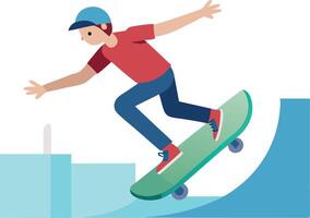 Young person skateboarding on ramp with helmet doing stunts and tricks in an urban environment vector
