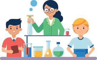 Students and teacher conducting a science experiment in the laboratory vector