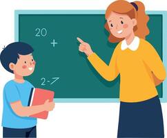 Smiling teacher instructing young student in classroom with chalkboard vector