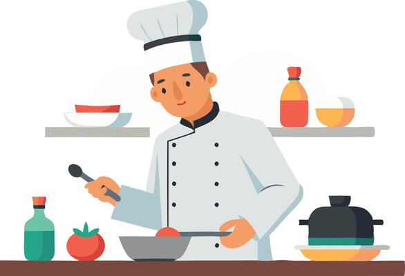 Illustration of a chef cooking in a kitchen with various ingredients and utensils