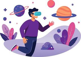 Man using virtual reality headset exploring outer space in a vibrant digital landscape vector