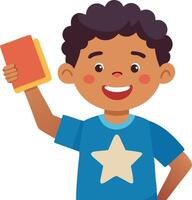 Happy child holding a book, smiling with a sense of accomplishment vector