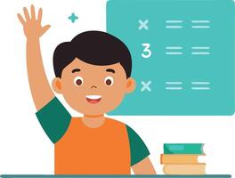 Smiling school boy raising hand in classroom ready to answer math question vector