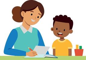 Teacher helping student with homework in a classroom setting vector