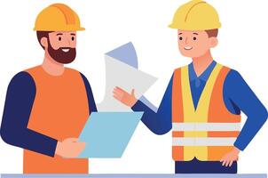 Construction workers discussing project plans while wearing safety gear vector