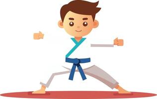 Young boy practicing martial arts, wearing karate uniform with blue belt, in a confident stance on a white background. vector
