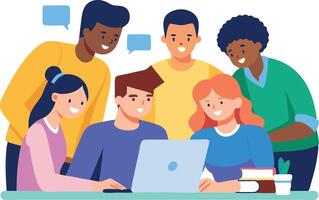 Diverse group of students collaborating on a project using a laptop vector