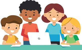 Happy diverse children using a laptop together for learning and fun vector