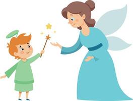 Illustration of a fairy and a child with a magic wand creating a bright star vector