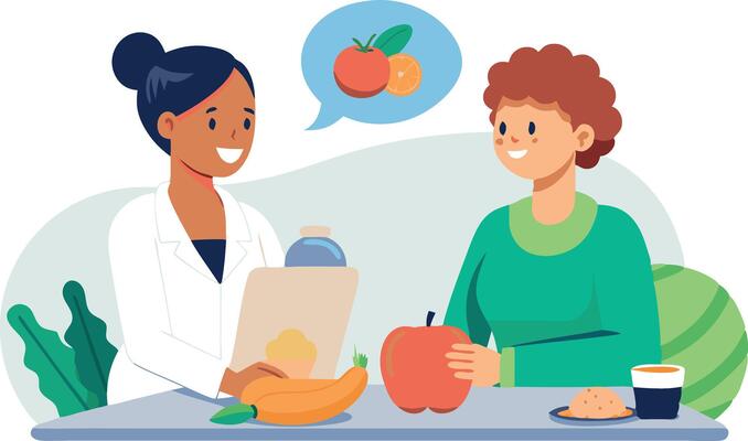 Nutritionist consultation with patient discussing healthy eating and fruits