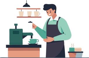 Barista using coffee machine in a cafe with cups and pastries vector