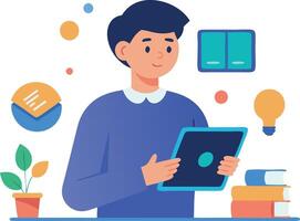 illustration of a man using a tablet in an office environment with books and plant vector