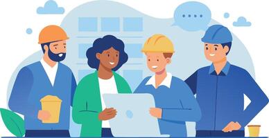 Diverse team of construction workers collaborating on a laptop vector
