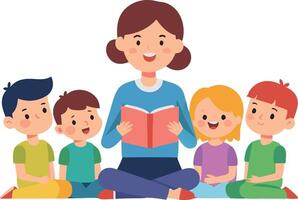 Teacher reading a book to a group of happy children sitting on the floor vector