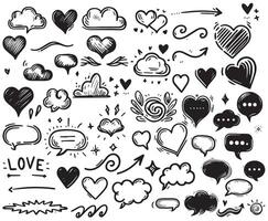 Sketch underline, emphasis, line shape set. Hand drawn swirl swoosh, love, speech bubble, underline element. vector
