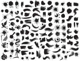 Black ink blots with drops. Different handdrawn spray design elements. Paint ink splatter, stains set. vector