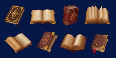 Medieval game book icons, ancient magic spellbook vector