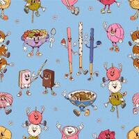 Groovy Japan desserts characters seamless pattern, vector
