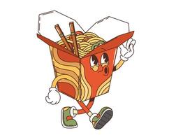 Retro noodles box groovy character, takeout wok vector