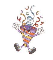 Retro groovy holiday party popper cone character vector