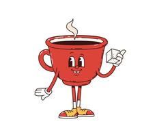 Coffee cup retro groovy character holding a sugar vector