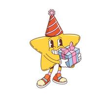 Retro groovy holiday star character with gift box vector