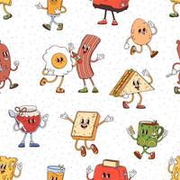 Groovy breakfast characters seamless, tile pattern vector