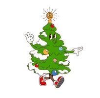Retro cartoon groovy Christmas pine tree character vector