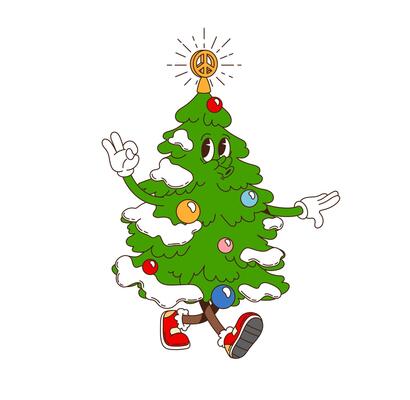 Retro cartoon groovy Christmas pine tree character