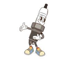 Cartoon retro groovy car spark plug character vector