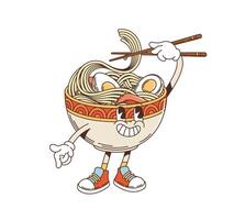 Retro ramen noodles with eggs cartoon character vector
