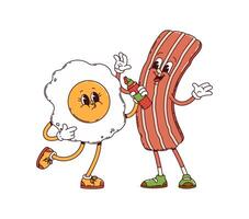 Retro groovy breakfast bacon and fried egg friends vector