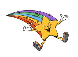 Groovy retro space character, star on rainbow vector