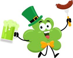 St. Patrick's Clover Leaf Cartoon Character Running With Mug Of Beer And Fork With Sausage vector