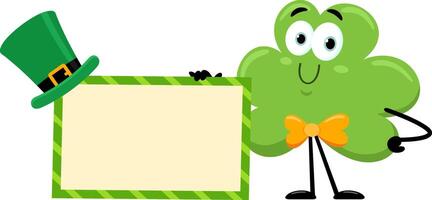St. Patrick's Clover Leaf Cartoon Character Holding A Blank Sign vector