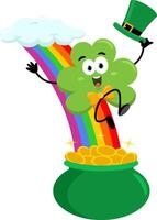 St. Patrick's Clover Leaf Cartoon Character Riding A Rainbow To The Top Of A Pot Of Gold vector