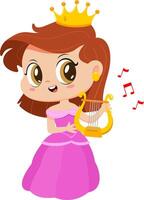 Cute Little Princess Girl Cartoon Character Sing A Song With Harp vector