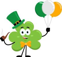 St. Patrick's Clover Leaf Cartoon Character Holding Pipe And Balloons Helium In Ireland Flag vector